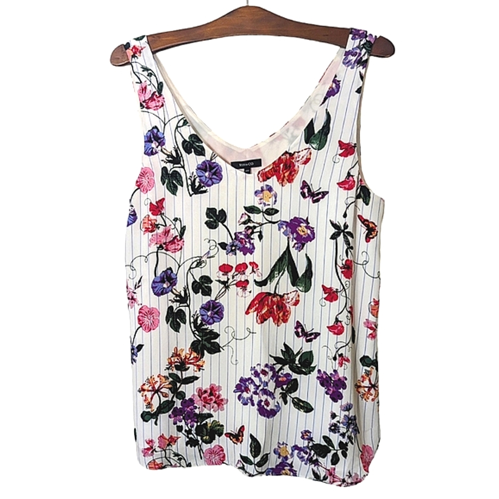 Floral Blouse RW&Co Tank Top White With Stripes Go-To Ladies Top Size Medium